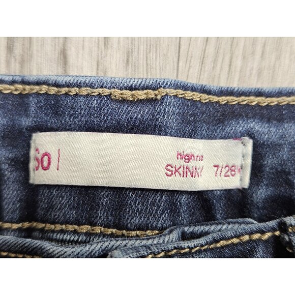 SO Jeans Womens 7/28 Blue High Rise Skinny Distressed Stretch Ripped Dark Wash - Picture 7 of 14